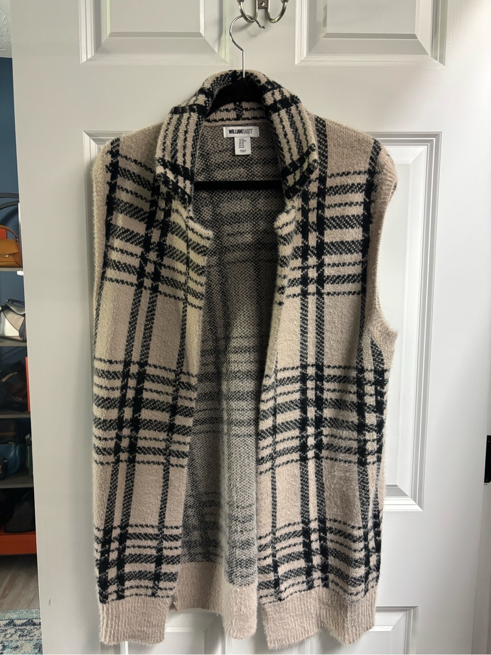 William Rast Cream and Black Plaid Open Front Sweater Vest